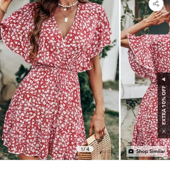 Cupshe Luciana v neck flared sleeve ditsy red a shape dress - Picture 2 of 6